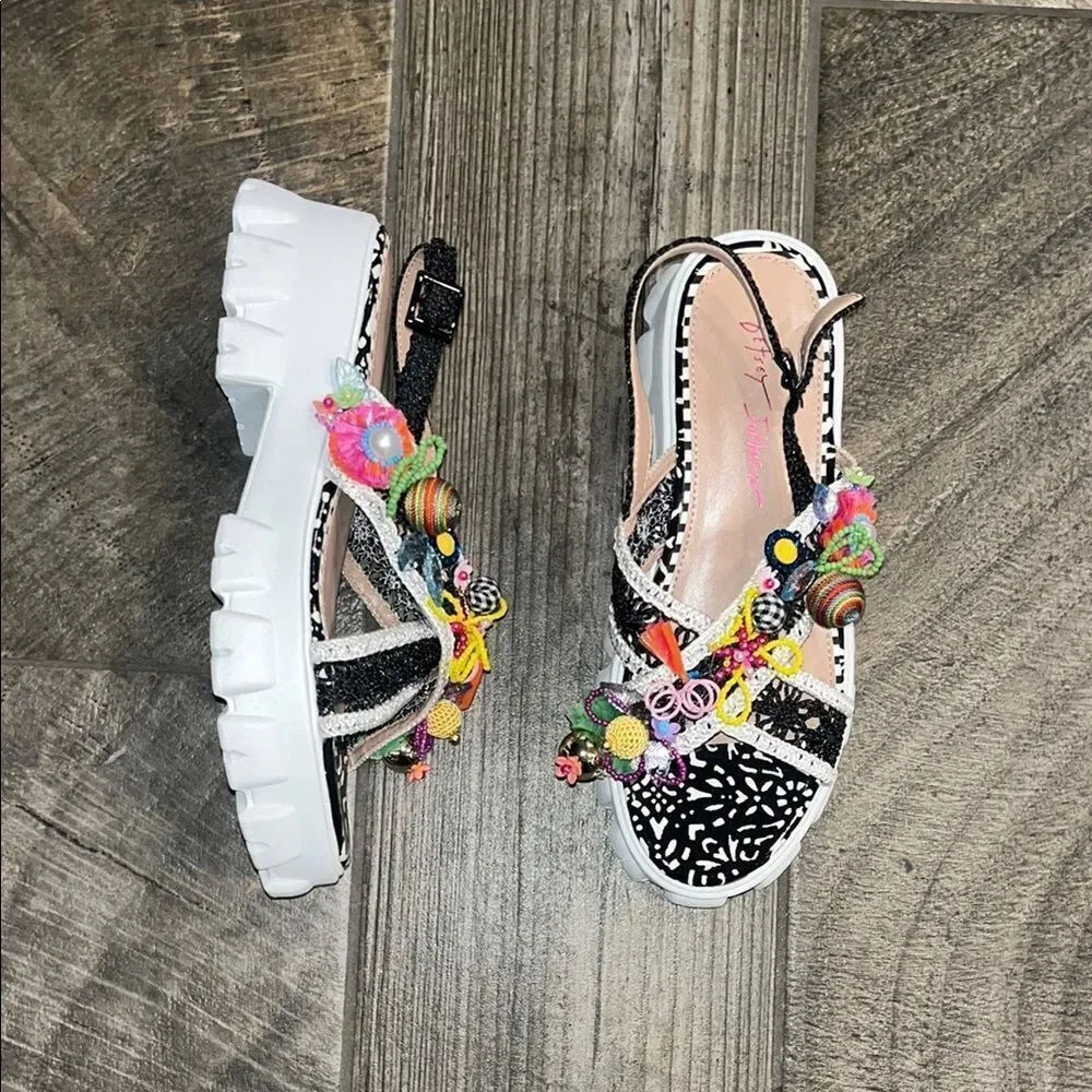 Betsey Johnson Black and White Sandals with Pom-Poms - Picture 1 of 3